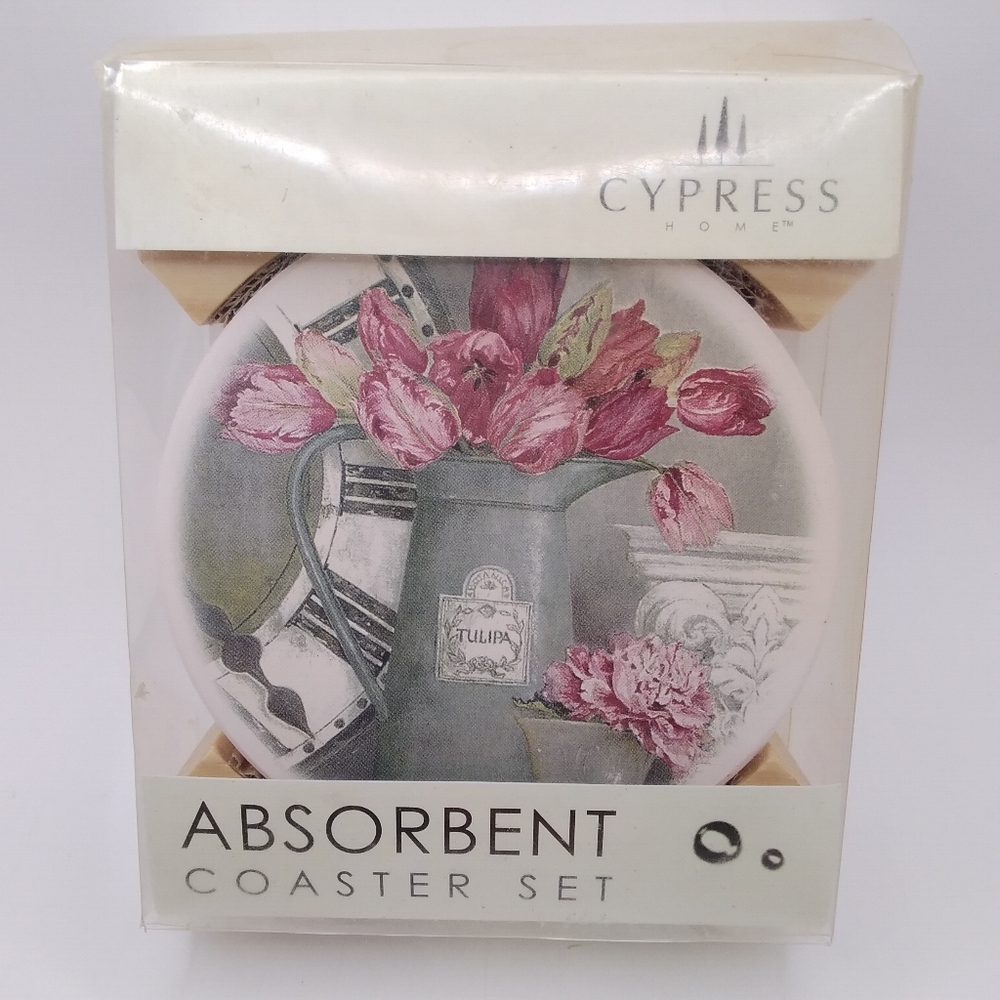 Cypress Home Stone Absorbent Set of 4 COASTERS w/Caddy Tulipa Tulips Flowers NOS